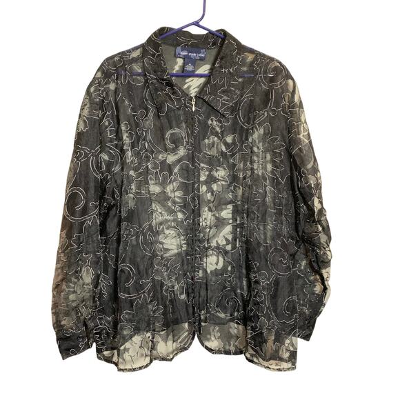 Susan Graver Womens Black Floral Lace Sheer Style Linen Blend Full Zip Jacket 3x - Picture 1 of 7